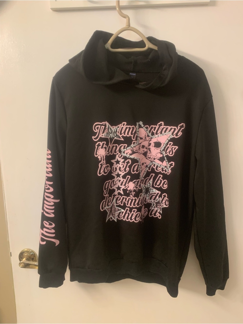 ROMWE Black Hoodie with Pink Graphic Text
